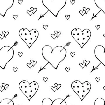 Vector seamless pattern of different hearts with arrow, points, double. Han.. Stock Illustration