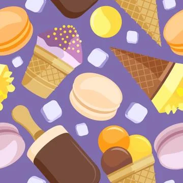 Vector seamless pattern of different ice cream, colorful macaroons and ice cubes Illustrazione stock