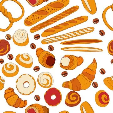 Vector seamless pattern with different kinds of bakery. Isolate objects on wh Stock Illustration