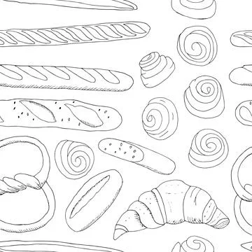 Vector seamless pattern with different kinds of bakery. Illustrazione stock