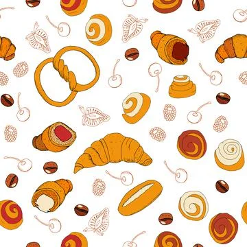 Vector seamless pattern with different kinds of bakery. Isolate objects on wh Stock Illustration