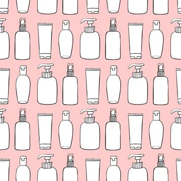 Vector seamless pattern of different outline bottles, tubes, flacons, cosmeti Illustrazione stock