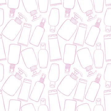 Vector seamless pattern of different outline bottles, tubes, flacons, cosmeti Illustrazione stock