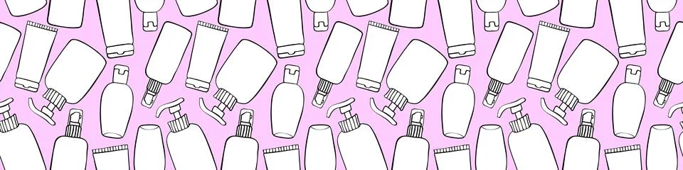 Vector seamless pattern of different outline bottles, tubes, flacons, cosmeti Illustrazione stock