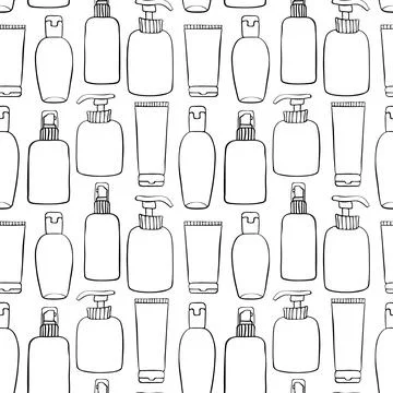Vector seamless pattern of different outline bottles, tubes, flacons, cosmeti Illustrazione stock
