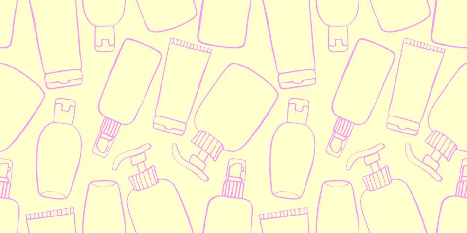 Vector seamless pattern of different outline bottles, tubes, flacons, cosmeti Illustrazione stock