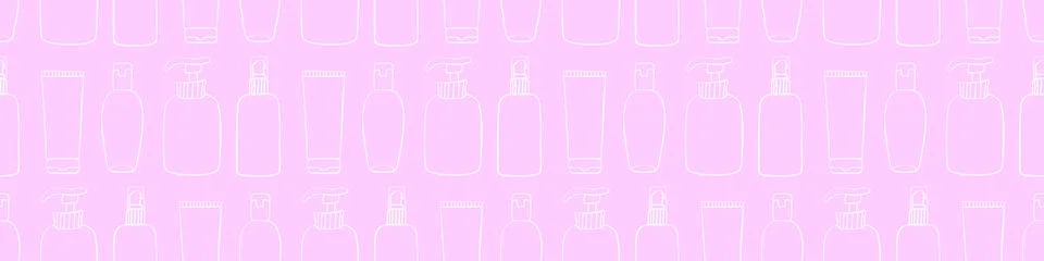 Vector seamless pattern of different outline bottles, tubes, flacons, cosmeti Illustrazione stock