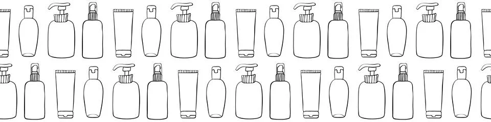 Vector seamless pattern of different outline bottles, tubes, flacons, cosmeti Illustrazione stock