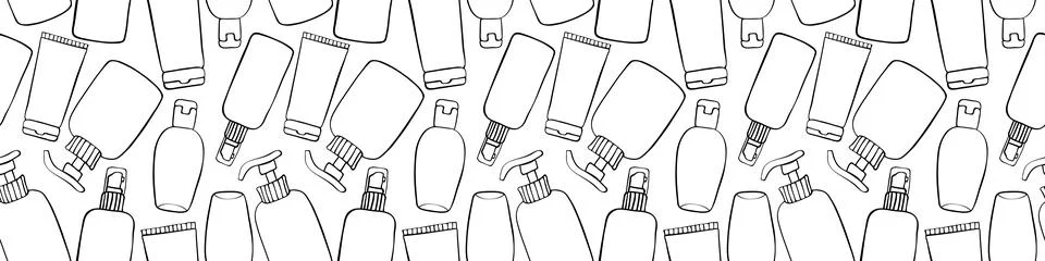 Vector seamless pattern of different outline bottles, tubes, flacons, cosmeti Illustrazione stock