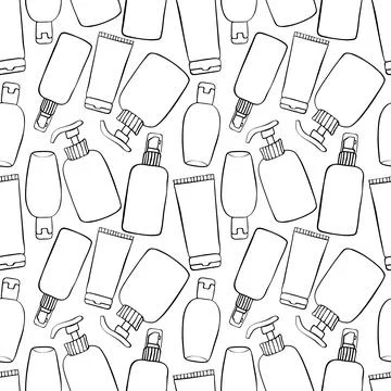 Vector seamless pattern of different outline bottles, tubes, flacons, cosmeti Illustrazione stock