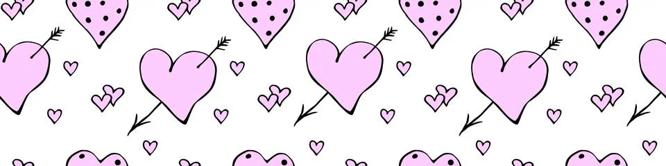 Vector seamless pattern of different pink hearts with arrow, points, double.  Stock Illustration