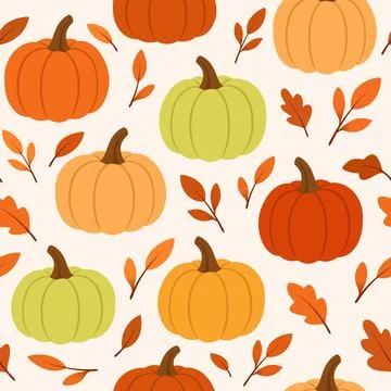 Vector seamless pattern of different pumpkins and leaves. Illustrazione stock