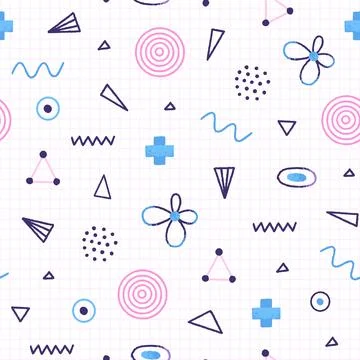 Vector seamless pattern of different shapes and wavy lines in hand-drawn styl Stock Illustration
