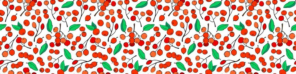 Vector seamless pattern of different small red berries, single and twigs. Row Stock Illustration