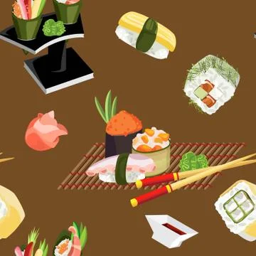 Vector seamless pattern of different sushi and compositions from them Illustrazione stock