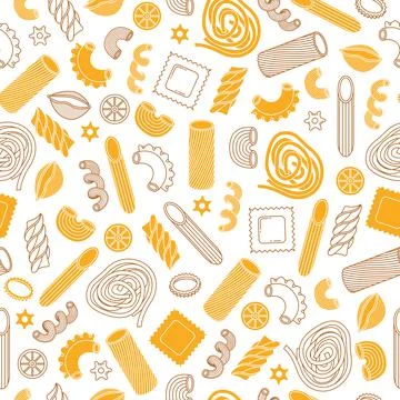 The vector seamless pattern with different types of italian pasta. Line art. Illustrazione stock