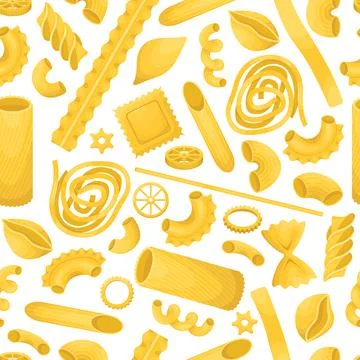 The vector seamless pattern with different types of italian pasta. Stock Illustration