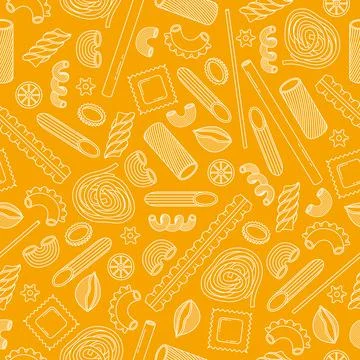 The vector seamless pattern with different types of italian pasta. Line art. Stock Illustration