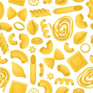 The vector seamless pattern with different types of italian pasta. Stock Illustration