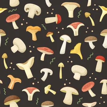 Vector seamless pattern with different types of mushrooms. Stock Illustration