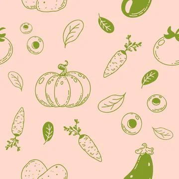 Vector seamless pattern of a different vegetables drawn in doodle style. Pump Illustrazione stock