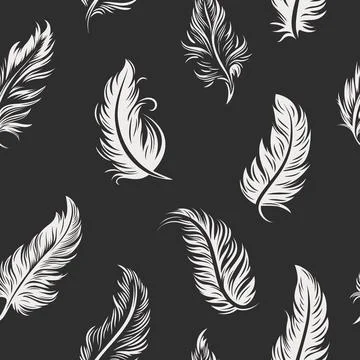 Vector Seamless Pattern with Different White Fluffy Feather Silhouettes on Black Illustrazione stock