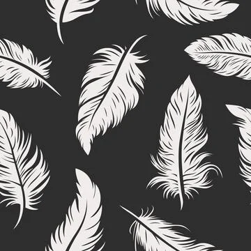 Vector Seamless Pattern with Different White Fluffy Feather Silhouettes on Black Stock Illustration