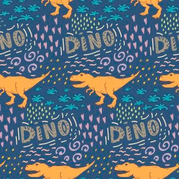 Vector seamless pattern with dinosaur on a dark blue background. Stock Illustration