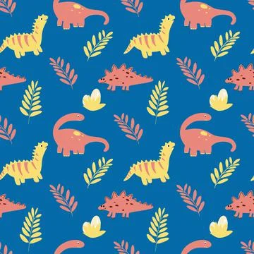 Vector seamless pattern with dinosaurs and leaves in cartoon flat childish style Stock Illustration