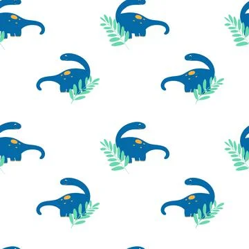 Vector seamless pattern with dinosaurs and leaves in cartoon flat childish st Stock Illustration