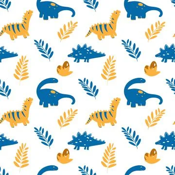 Vector seamless pattern with dinosaurs and leaves in cartoon flat childish st Stock Illustration