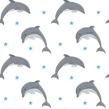 Vector seamless pattern of diving dolphins on a white background Stock Illustration