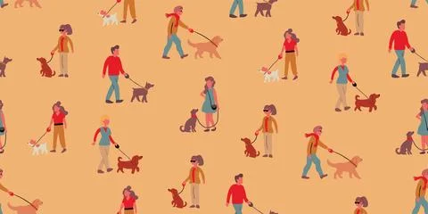 Vector seamless pattern with dog walkers walking the dogs on beige background Illustrazione stock