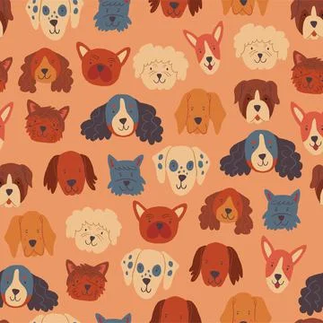 Vector seamless pattern with dogs faces on beige background. Popular dogs breeds Illustrazione stock