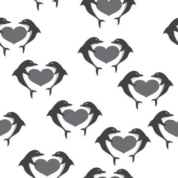 Vector seamless pattern with dolphins and hearts silhouettes on white backgro Stock Illustration