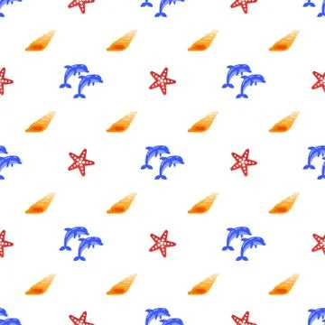 Vector seamless pattern with dolphins, sea shells and starfish. Illustrazione stock