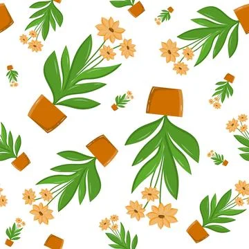 Vector seamless pattern of domestic flowers in a pot in a chaotic position,.. Stock Illustration