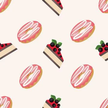 Vector seamless pattern with donuts with glaze and cakes with berries on a white Stock Illustration