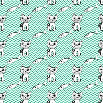 Vector seamless pattern with doodle cat and fish. Stock Illustration