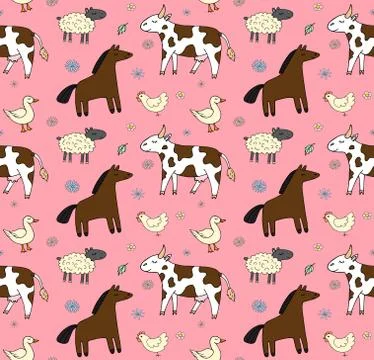 Vector seamless pattern of doodle farm animal Stock Illustration