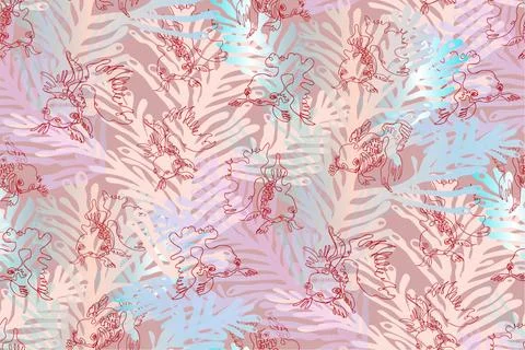 Vector seamless pattern with doodle goldfish of one continuous line. Stock Illustration