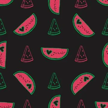 Vector seamless pattern with doodle hand drawn watermelons on black background. Stock Illustration