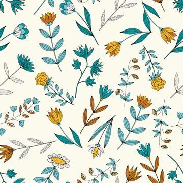 Vector seamless pattern with doodle hand drawn flowers. Beautiful stylised Stock Illustration