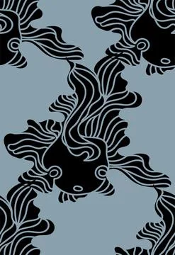 Vector seamless pattern with doodle silhouettes of fish with wavy fins. Stock Illustration