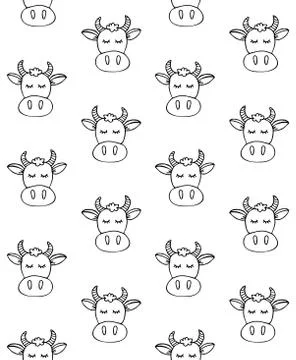 Vector seamless pattern of doodle sketch cow face Stock Illustration