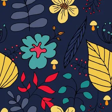 Vector seamless pattern with Doodle-style plants on a dark background Stock Illustration
