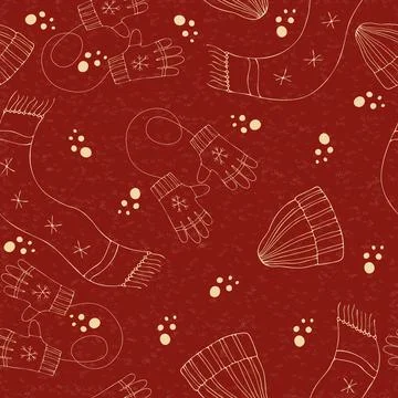 Vector Seamless pattern with doodle winter clothing hats, scarf, gloves Stock Illustration