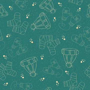 Vector Seamless pattern with doodle winter clothing hats, socks, mittens Stock Illustration