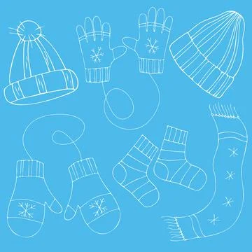 Vector Seamless pattern with doodle winter clothing hats, socks, mittens, scarf Stock Illustration