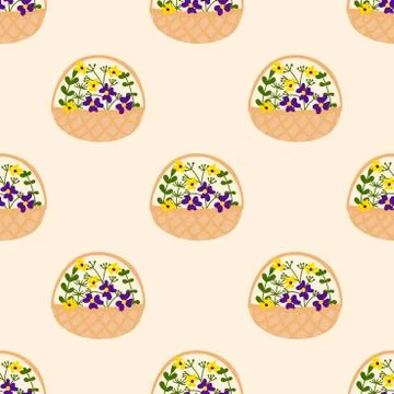 Vector seamless pattern with doodles of flowers and plants in wicker baskets. Stock Illustration